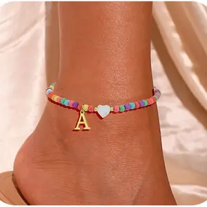 Tewiky Gold Mother of Pearl Heart Initial Anklet with Colorful Seed Beads, Summer Beach Letter Ankle Bracelet Jewelry Gift
