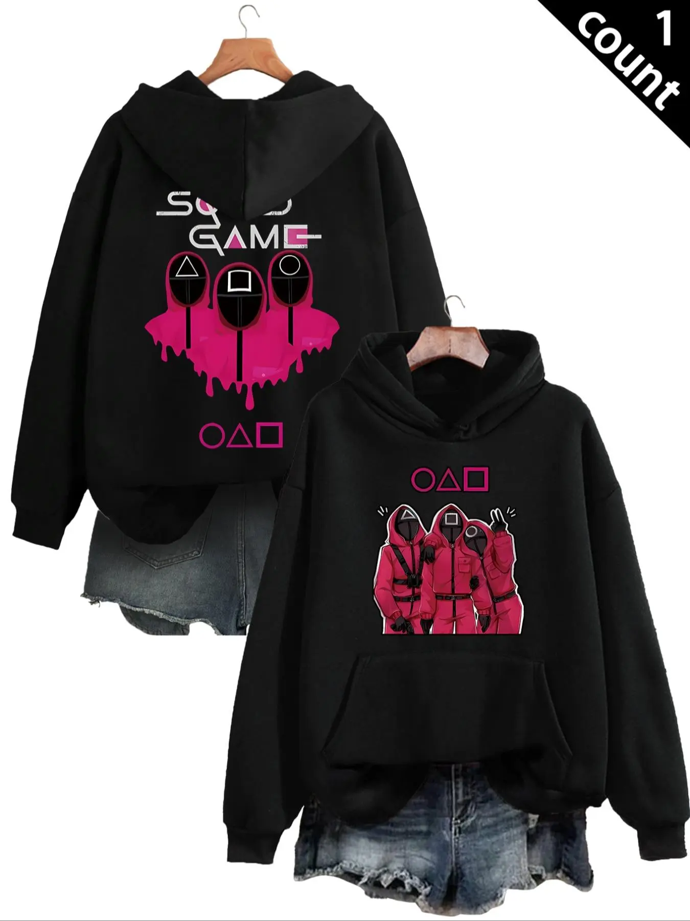 Women's Squid Game Print Drawstring Pocket Hoodie, Casual Long Sleeve Hooded Sweatshirt for Daily Wear, Ladies Clothes for Fall & Winter, Tops