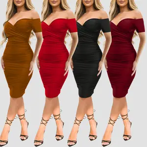 High-Quality Beautiful Summer New European and American Women's Fashion Sexy Nightclub Off-Shoulder Short Sleeve Dress Midi Dress