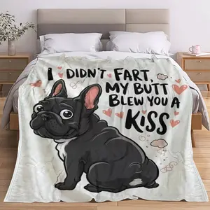 Funny French Bulldog Flannel Blanket Humorous Cartoon Print, Soft and Comfortable Flannel Blanket, Suitable for Bed, Sofa, Chair, Living Room Decoration, Suitable for All Seasons, Modern Style, Digital Printing, Polyester Fiber, Suitable as a Gift