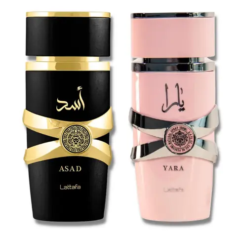 Lattafa Yara & Asad Arabian Perfumes 2-Pack Gift Set - 3.4 oz Unisex Long-Lasting Eau de Parfum, 2022 Novelties, Sweet Floral, Spicy Pineapple, Vanilla Bean, Amber Musk, Floral Woody, Fragrance Ensemble Set, All Seasons, 60 Months Shelf Life for Adults