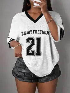 Women's Drop Shoulder Mesh Top, Summer Sweet Cool Girl Series T-Shirt, Colorblock, Los Angeles 23 Print, Sporty Baseball Style, Athletic Tee
