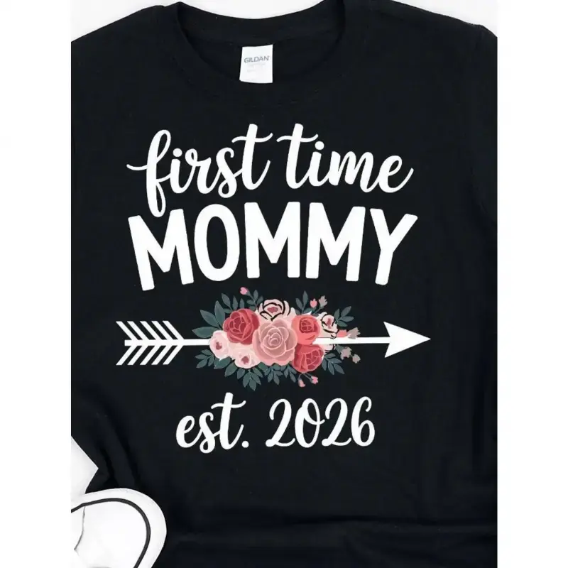 First Time Mommy Est 2026 Floral Arrow Graphic Tee, Pregnancy Announcement Maternity T‑Shirt, Mom‑to‑Be Casual Round‑Neck Top For Baby Shower & Maternity Photoshoot