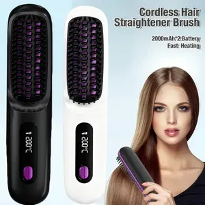 Wireless Hair Straightening & Curling Brush — Fast heating, fits all hair types, anti-scald with LED display, USB rechargeable, auto shut-off, portable for home/travel, stylish durable handle, perfect gift for women.