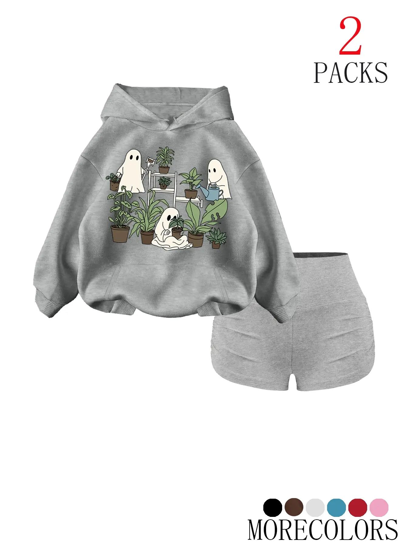 Women's Fall Winter Hooded Thick Knit Matching Sweatshirt Set, Knitted Fashion Set, Womenswear, Ghost Plant Print, Casual Loose Fit, Perfect for Halloween & Daily Wear, Clothes