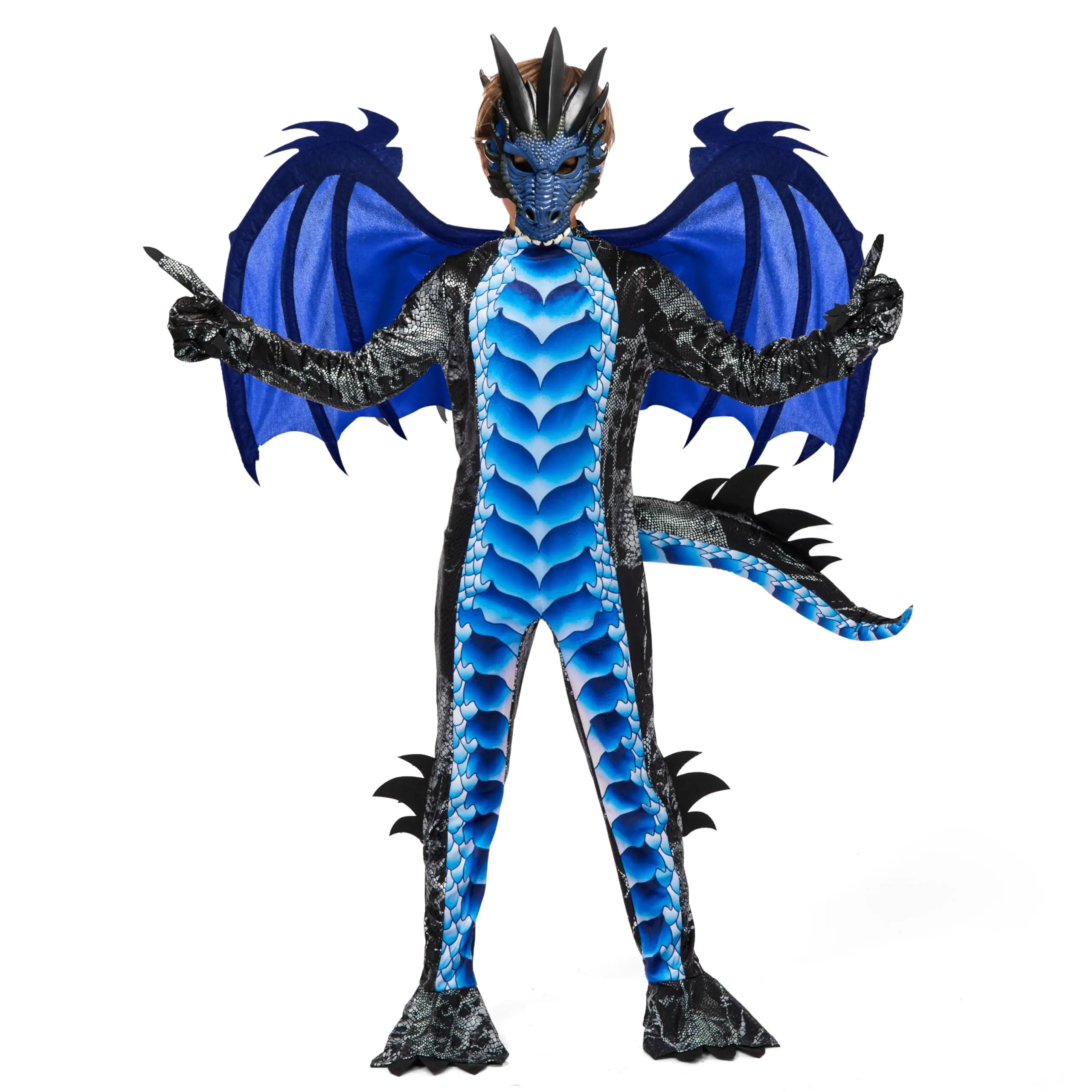 Kids Dragon Costume Set with Tail and Mask Boys Halloween Dragon Cosplay Dress Up Outfits, Blue Scaled Dragon Jumpsuit with Dragon Wings Claws for Kids Halloween Party Carnival Role Play