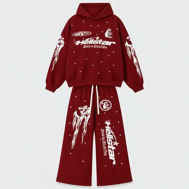 Hellstar 2-Piece Tracksuit with Multicolored Flaming Star Graphic | Y2K-Style Pullover Hoodie and Wide-Leg Sweatpants | Unisex Streetwear