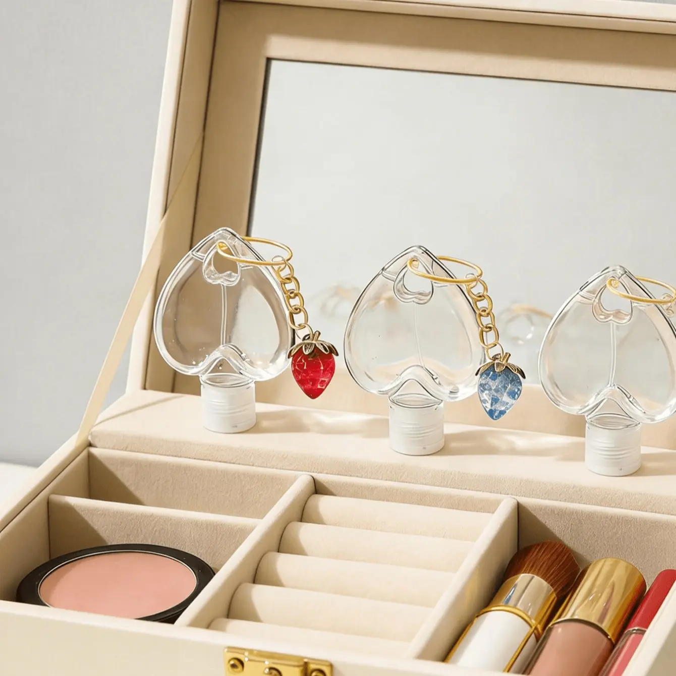 50ML Heart Design Lotion Bottle, Perfume Bottle with Strawberry Charm, Travel Container, Portable Flip Lid, Reusable Cosmetic Jar