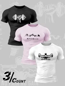 Men's 3-piece gym round neck T-shirt, minimalist dumbbell pattern screen printed clothing, textured cutting highlights lines, ideal choice for energetic daily life, durable printing for fitness enthusiasts, Fitness Activewear