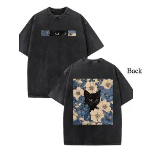 Black Cat Floral Pattern, Fun Print, Vintage Washed Pure Cotton T-shirt Y2k Style American Street Style Suitable for Both Men and Women To Wear Men Gifts