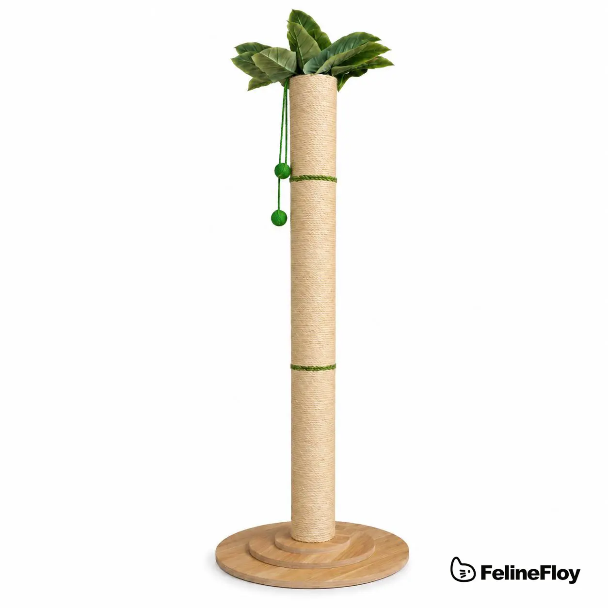 FelineFloy Oversized 63in Extra Tall Plant-Inspired Cat Scratching Post, Natural Sisal Rope Cat Scratch Pole with Wide 3-Layer Wooden Base, Hanging Balls & Leafy Top for Large Indoor Cats Vertical Scratcher Tree sohochic