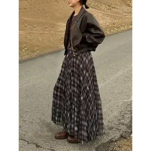 New Autumn/Winter Plaid Midi/Maxi Skirt, Mesh Flared High-Waist Elegant Checkered A-Line Skirt with Elastic Waist and Lining