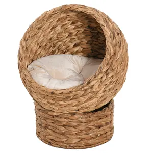 PawHut Handwoven Elevated Cat Bed with Soft Cushion & Cat Egg Chair Shape, Cat Basket Bed Kitty House with Stand, Raised Wicker Cat Bed for Indoor Cats, 23.5" H