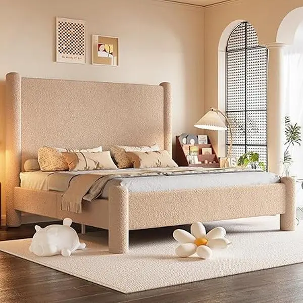 AMERLIFE Modern Bed Frame, Boucle Upholstered Bed Frame with Charging Station, Platform Bed with Soft rounded Corners, Easy Assembly, No Box Spring Required[tiktokshopbacktoschool][SohoChic]