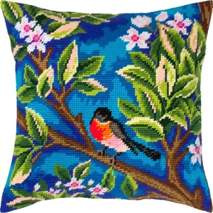 Bird Needlepoint Kit for Adults and Beginners — Bullfinch Tree by John Henry Dearle 16″ × 16″ with Clear Precise Printed Design on Cotton Canvas Includes 2 Needles Yarn and Easy-Read Chart