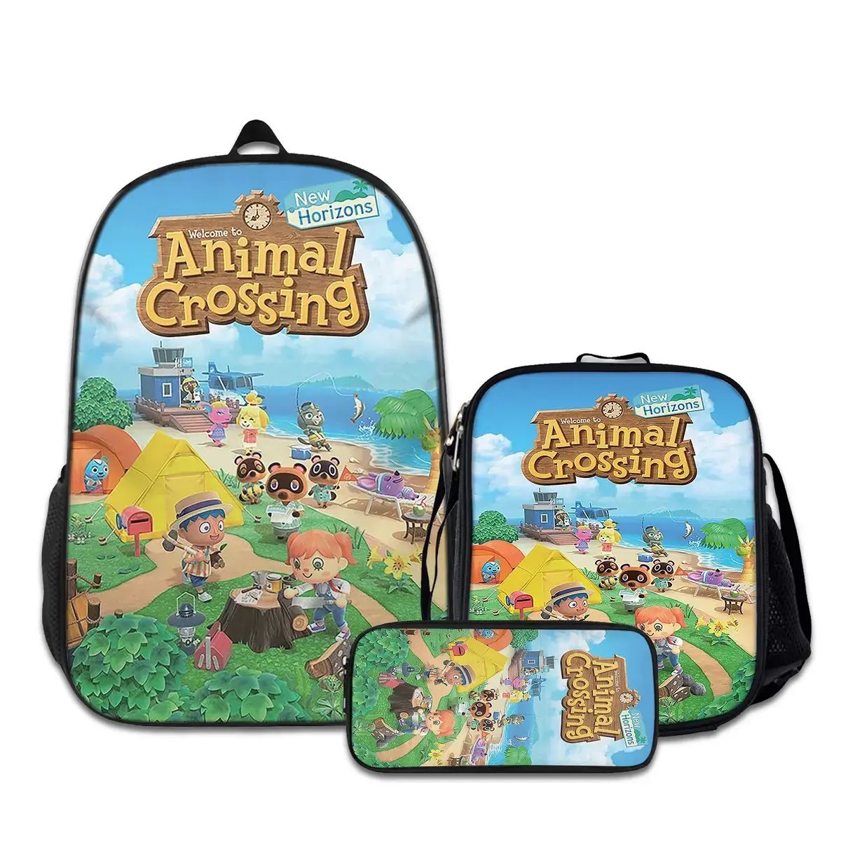 3PCS Backpacks for Girls Set, Cute animal-crossing-6 School Backpack for Boys with Lunch Box and Pencil Case, Aesthetic Bookbag for Teens, Lightweight Classic Backpack for Travel, Work, Picnic