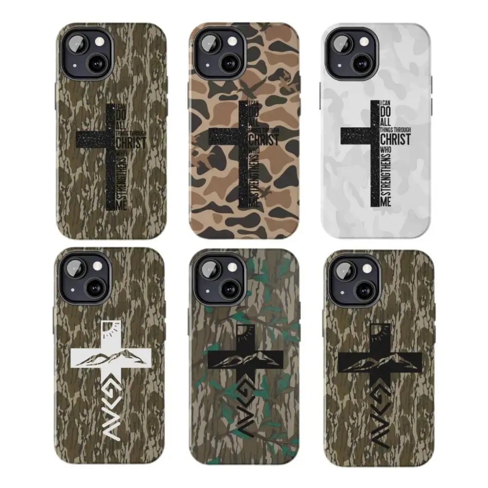 Can Do All Things Through Christ Who Strengthens Me Camo Cross Phone Cases  for iPhone 17, 16, 15, 14, 13, 12, 11 Pro Air Plus ProMax and Samsung S26-S22 Plus shock-absorbing phone cases, fashionable gift.