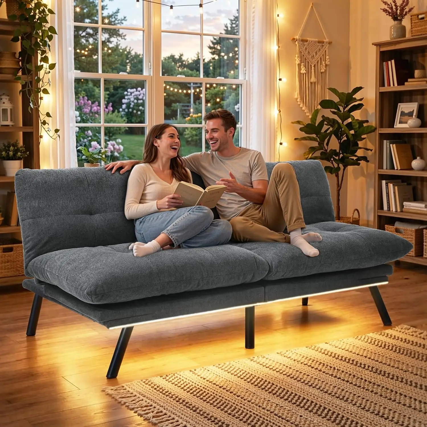 YITAHOME Convertible Futon Sofa Bed with Adjustable 3 Color Light Strip, 70" Folding Futon Set for Living Room Home Office Aprtment, Modern Futon Couch with Adjustable Backrest & Armrests, Grey