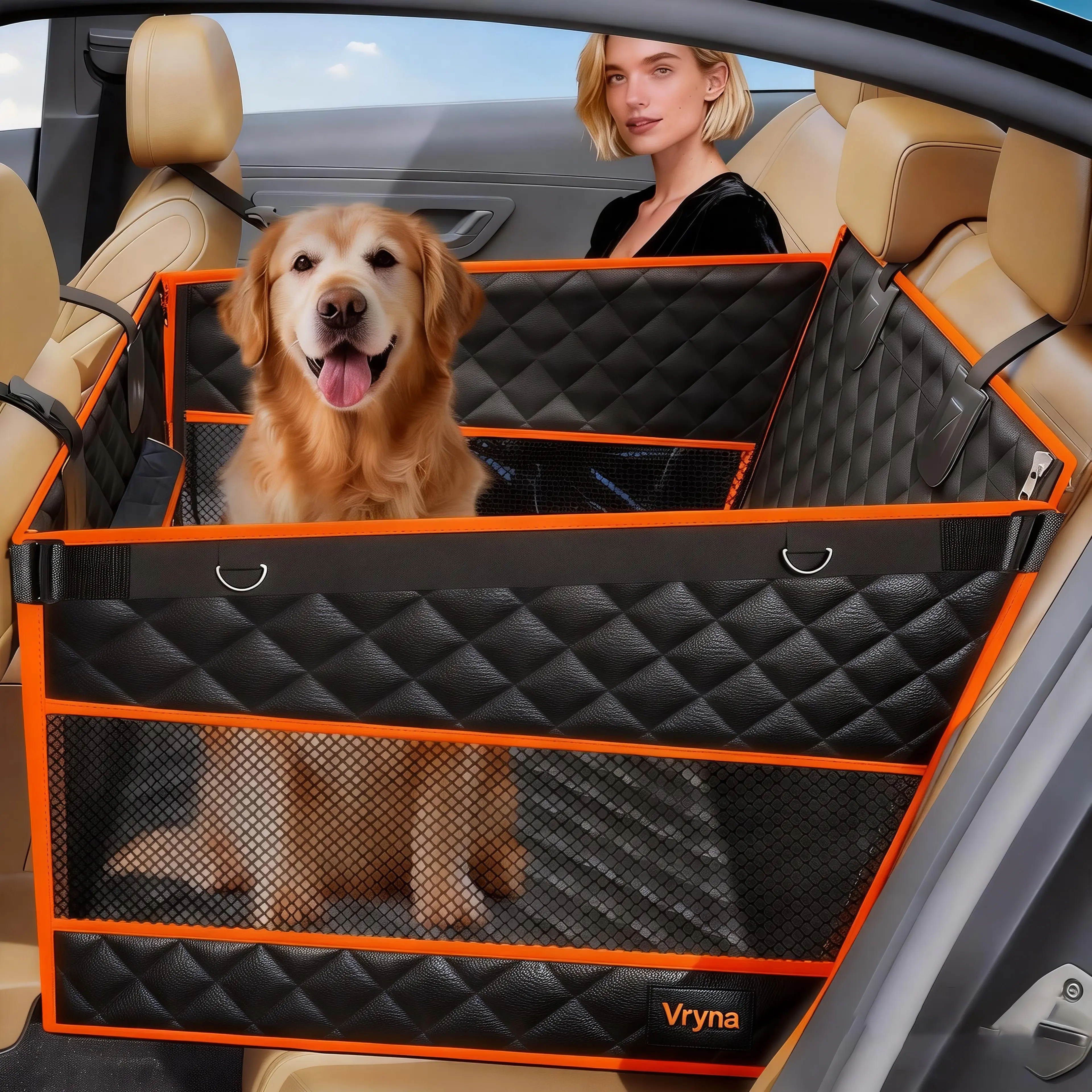 Dog Car Hammock Animal Carrier for Large-Medium Dogs - Breathable Seat Covers, Scratch-Proof 600D Waterproof Oxford Fabric, 2 Mesh Windows, Zipper Storage Bag, Seatsafe Flaps, Slip-Resist Mat, Solid Design, 40% More Room, Car/SUV Hard-Floor Compatible