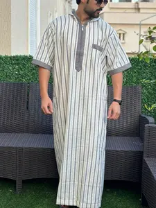 Men's Long Sleeve Shirt Casual Muslim Embroidered Robe, Traditional Arabic Robe Thobe, Comfortable and Stylish, Perfect for Daily Wear, High-Quality Fabric
