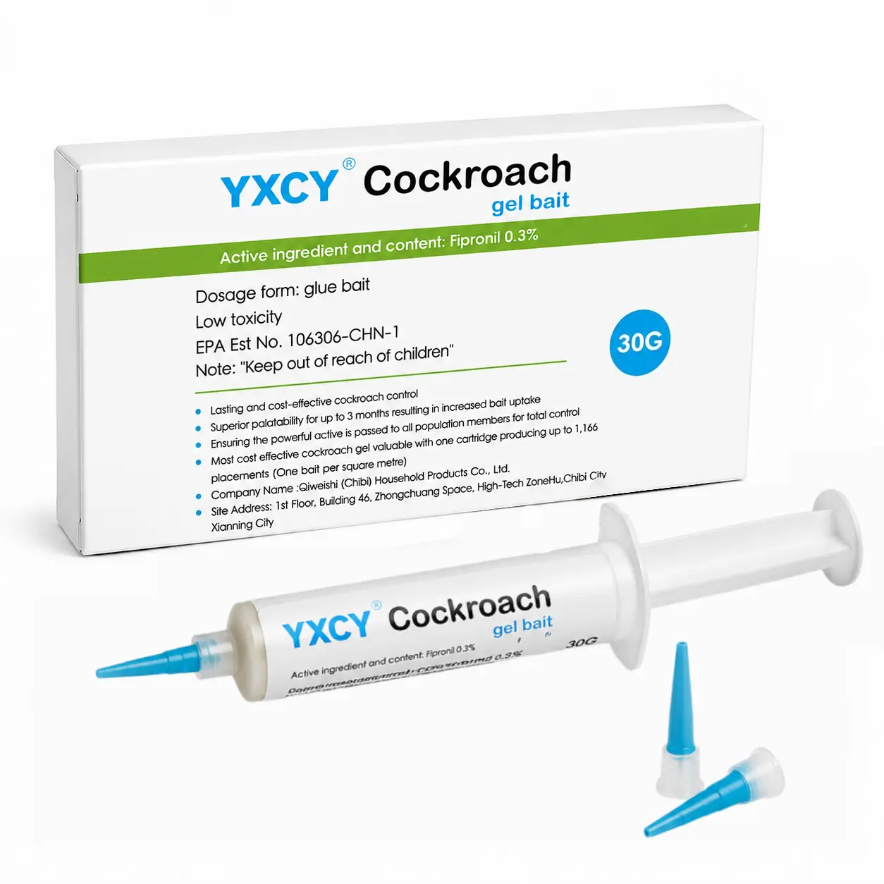 YXCY Cockroach Gel Bait (Box Included) - 4 Tubes x 30g, 1 Plunger, 2 Tips, Effective Pest Control for Home Kitchen Clean Areas, Apply Roach Killer Gel in Cracks and Crevices, Targets American German Cockroaches, 36-Month Shelf Life