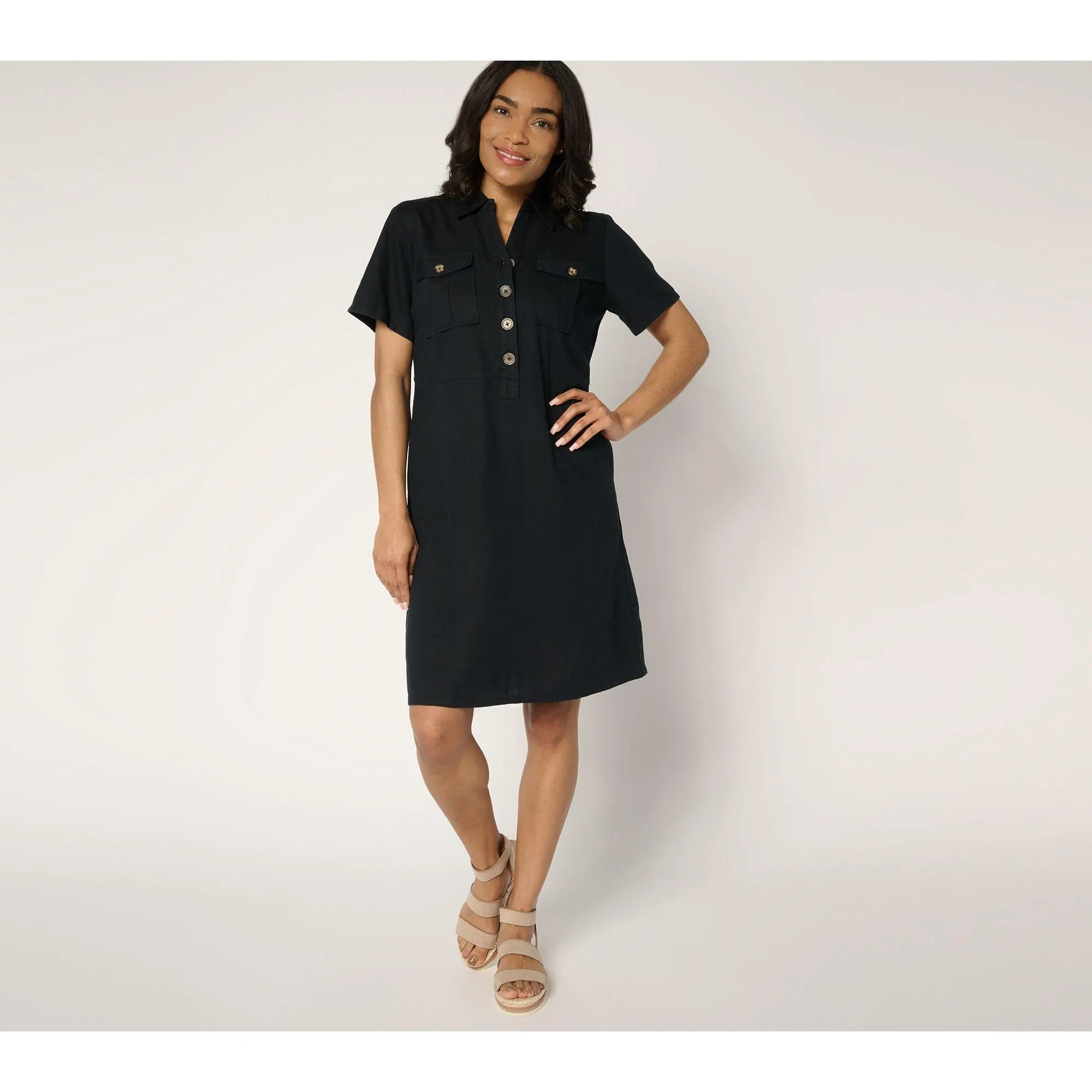 Denim & Co. Regular Linen Blend Print or Solid Henley Dress