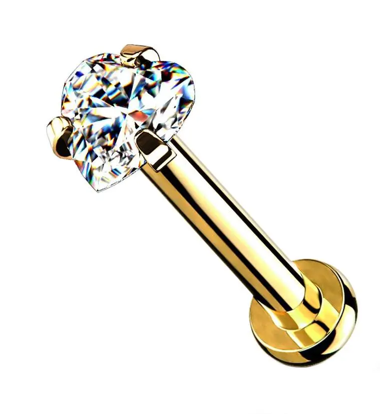 Gold PVD Heart CZ Labret Post