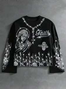 Y2K Mcbling Rhinestone Faith Pattern Long Sleeve Top, Saint Mary and Flame Rhinestones, Streetwear for Concerts and Festivals, Fashion