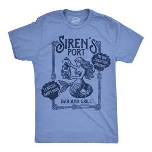 Mens Funny T Shirts Sirens Port Bar and Grill Sarcastic Mermaid Graphic Novelty Tee for Men Mens Funny T Shirts Cool Vintage Fashion T-Shirt Gift Classic Menswear Funny Drinking Short Sleeve Novelty Tees for Light Blue