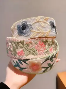 3 Pcs Boho Floral Eyelet Embroidery Headbands, Wide Band Net Hair Accessories, Elegant Party Wedding Hairstyles, All Seasons