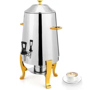 ROVSUN 3.5 Gallon/13L Beverage Dispenser Gold Accent, Stainless Steel Coffee Chafer Urn with Fuel Holder, Drink Dispenser with Ice Container Spigot, Hot & Cold Drinks for Party Catering Event