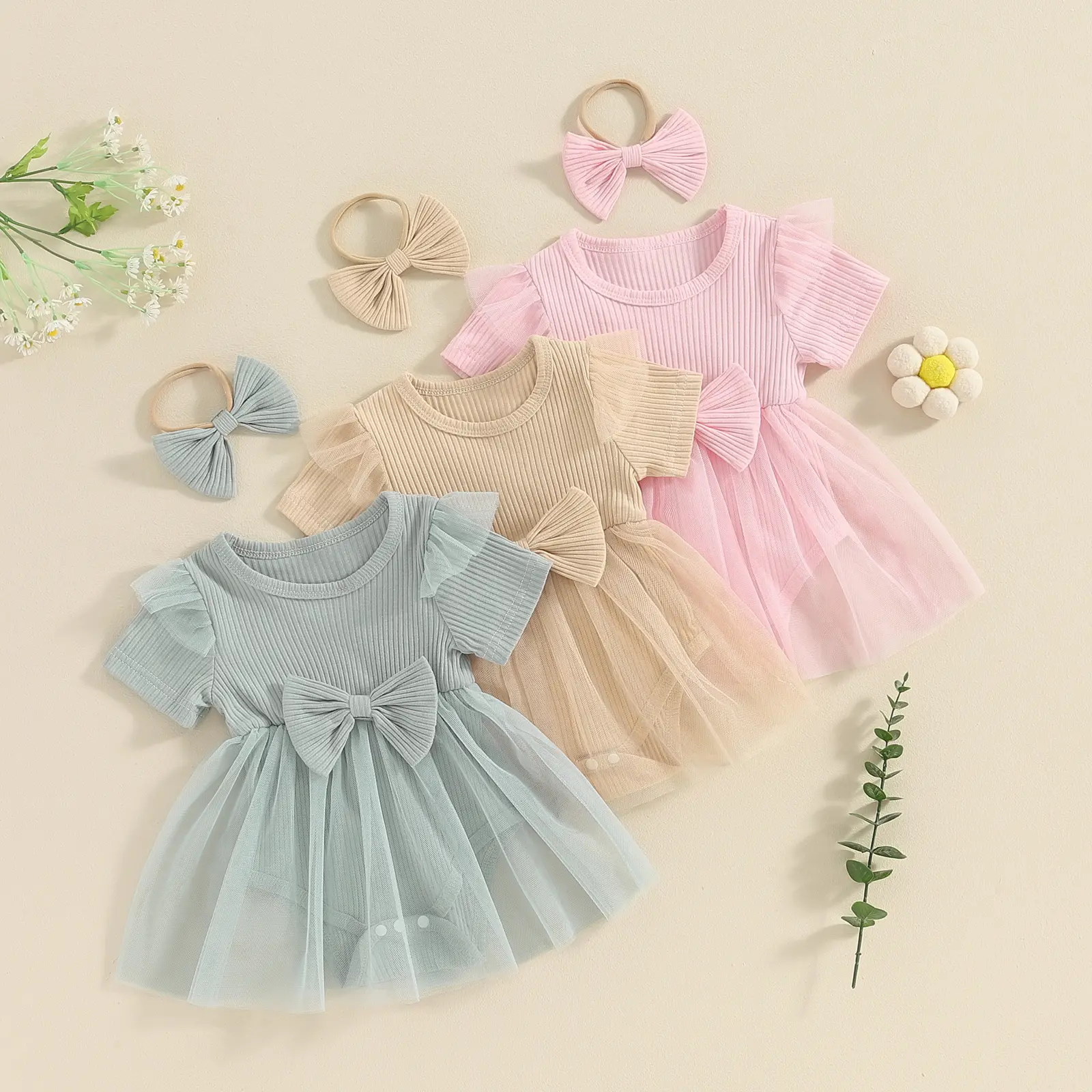 Cute and fashionable two-piece transparent jumpsuit set for baby girls - pleated sleeve ribbed dress, paired with bow headband, baby princess outfit (0-18M)