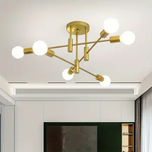 Gold Modern Chandelier Ceiling Light, Industrial Semi Flush Mount Lighting for Bedroom, Living Room (E26 Bulbs Not Included)