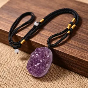 Natural Raw Amethyst Druzy Cluster Pendant Necklace, Hand Braided Adjustable Black Cord Healing Jewelry Energy Crystal for Men Women