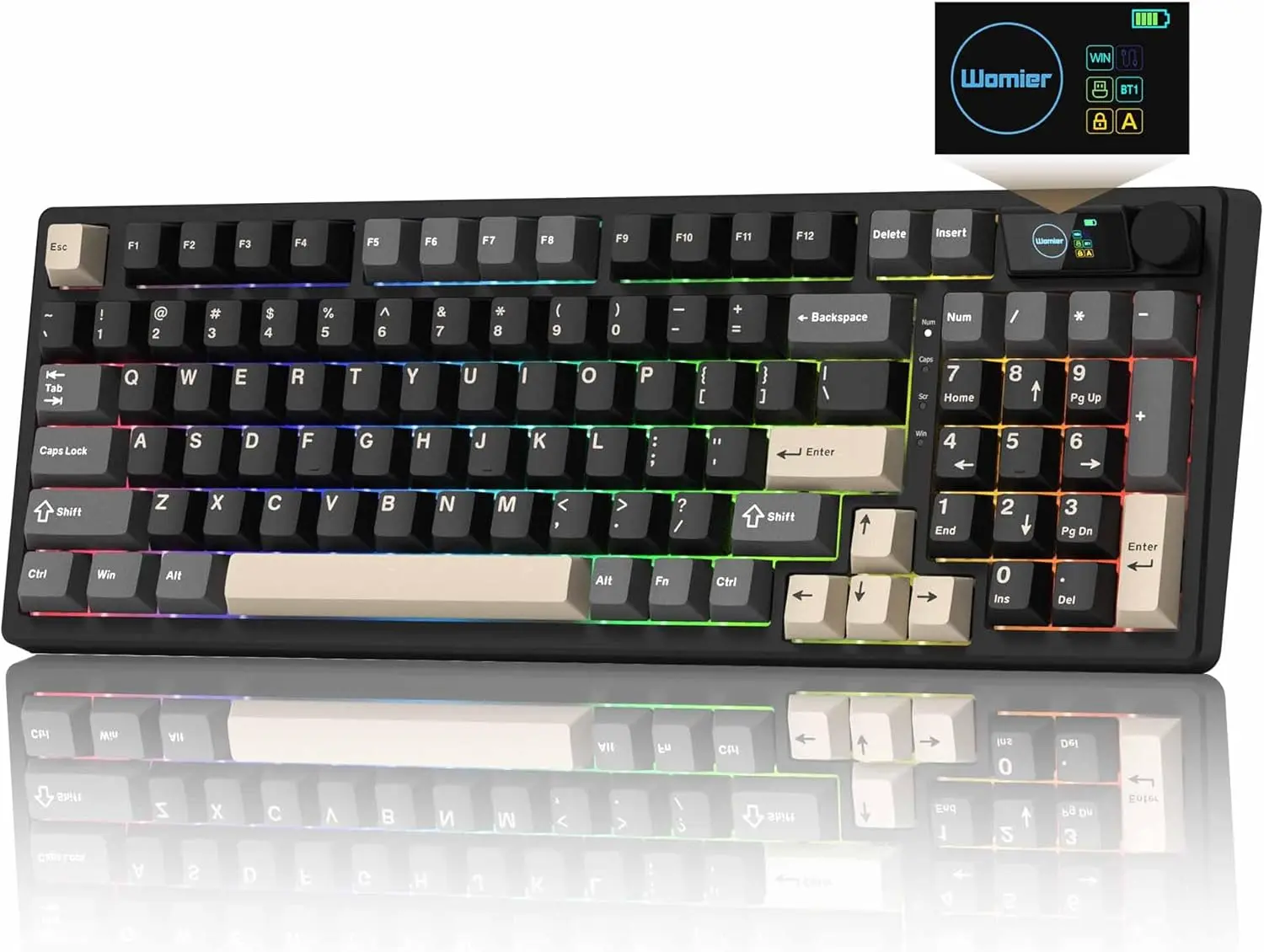 Womier M98 Cordless Mechanical Game Keyboard, 96% Layout Gaming Keyboard for Gamers with Built-in Screen, Knob, RGB Lights, Cordless Keyboard, Wireless Gaming
