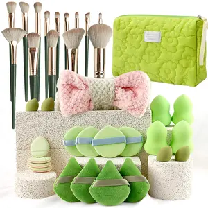 36Pcs Green Makeup Tools Full Set - Brushes, Sponges, Quilted Bag, Makeup Pouch & Makeup Storage Bag | Christmas Valentine's Gift for Her