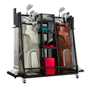Vantage Mounts Golf Storage Organizer for Garage, Extra Large Golf Bag Stand Holder for 2 Bags with Side Mesh Pocket, Heavy Duty Golf Club Rack for Home Basement, Indoor Outdoor Sports Equipment Storage with Lockable Wheels & Shelves