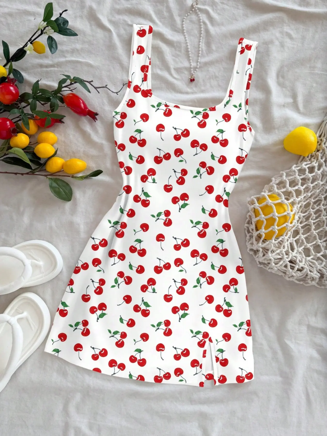 Summer Women's Cherry Print Beachwear Outdoor Dress, Sleeveless Square Neck High Waist Side Split Bodycon Short Dress, Casual Fashion Chic