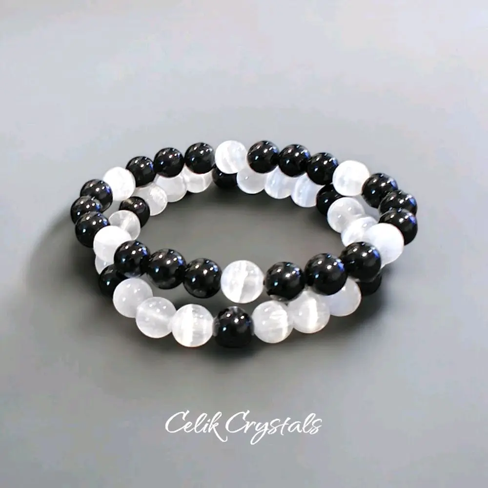 Black Tourmaline and Selenite Bracelet Set 8mm Unisex Natural Stones Handmade with Black Tourmaline and Selenite Stones Clarity Protection Grounding Zen Electromagnetic Fields