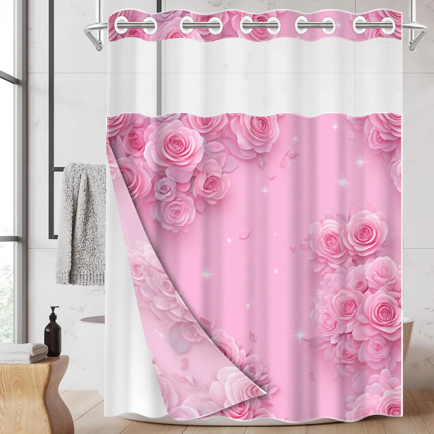 1pc hookless shower curtain with buckle lining, spring pink rose design, 2D flat printing, fabric waterproof lining, see-through double-layer shower curtain, 71 x 74 inches, modern home draping curtain, Bathroom Shower Curtains, Restroom