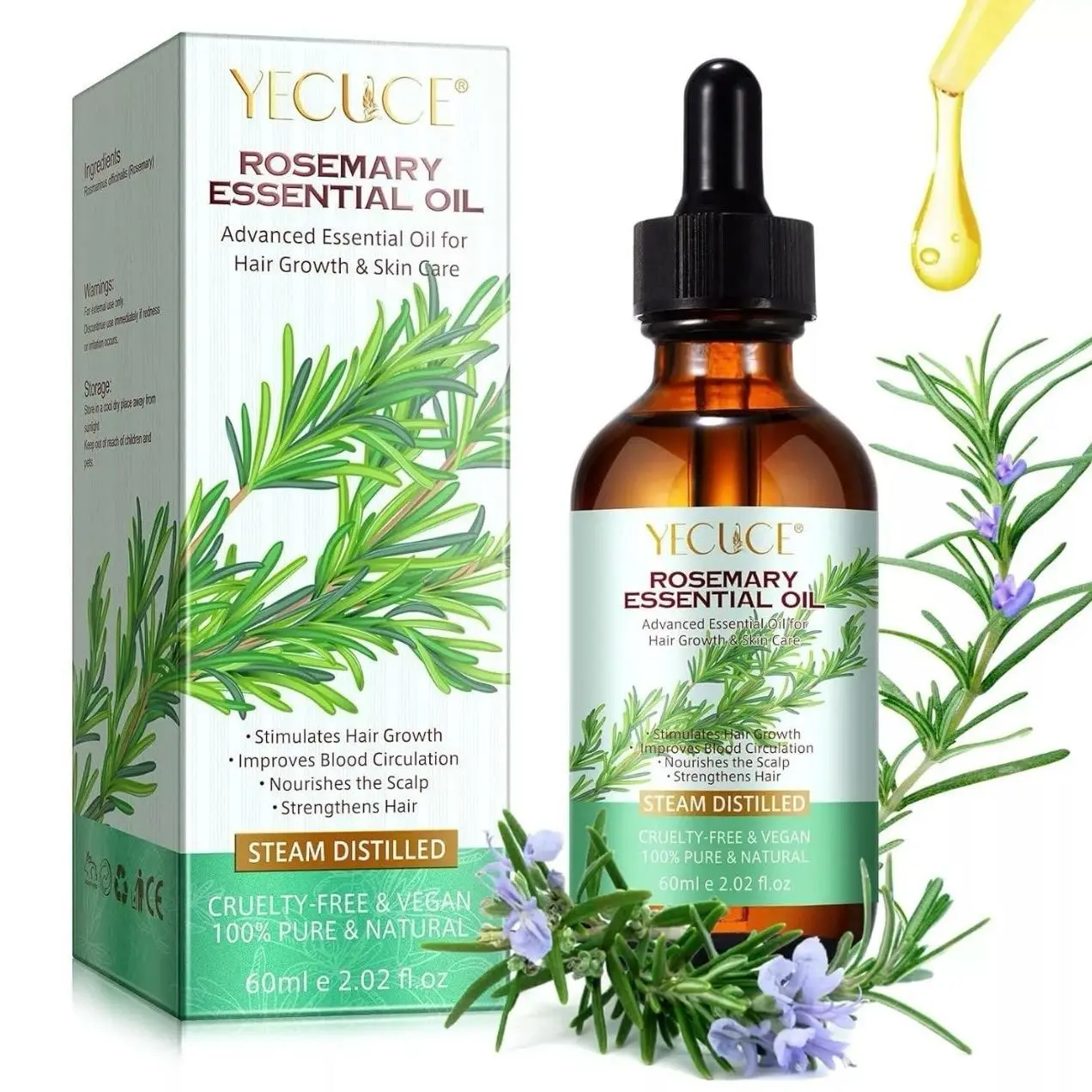 Organic Steam Distilled Rosemary Essential Oil - Organic Haircare Hair Products for Men, Nourishing Root Growth Booster, Prevents Breakage for Thicker Fuller Hair