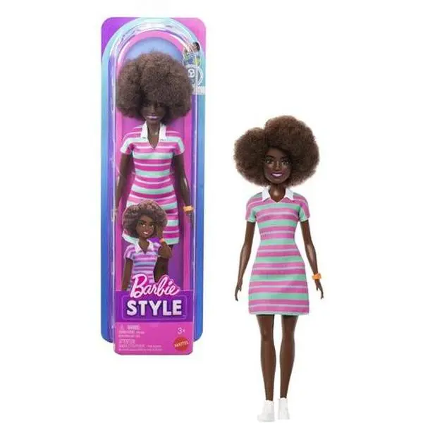 Barbie Fashionistas Doll #247 With Pink And Green Striped Dress, Curly Black Hair  [COLLECTIBLES] Paper Doll