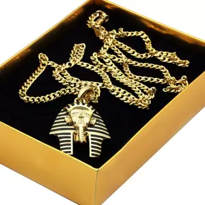 Hip Hop Gold Plated Pharaoh King Tut Pendant & 4mm 18" 20" 24" Brass Cuban Chain Fashion Necklace Unisex Men Women