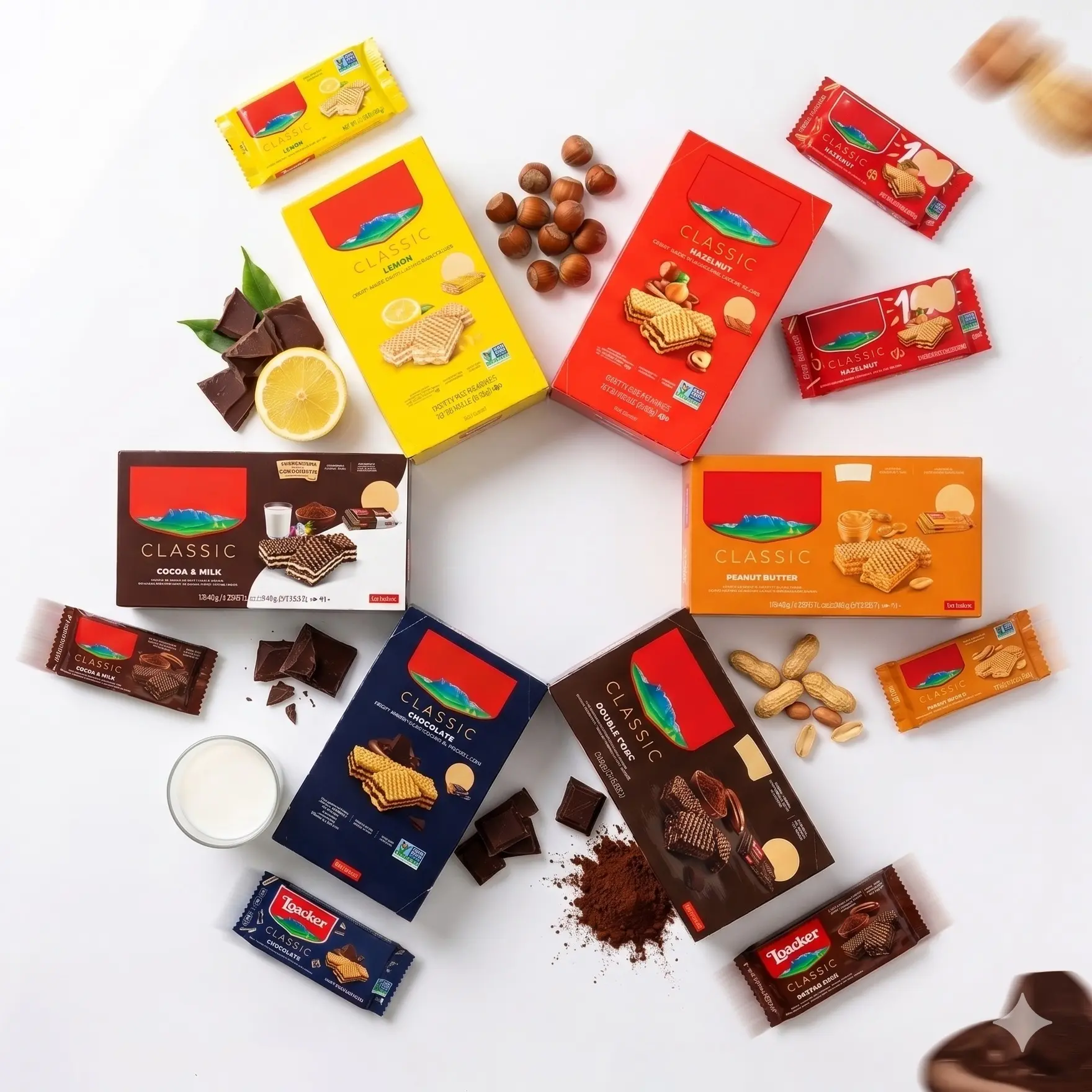 Loacker Classic Crispy Wafers 12-Pack Bundle - 45g/1.59oz Units, Hazelnut, Peanut Butter, Chocolate, Lemon, Cocoa Milk, Double Choc, Dark - Finest Creme, Non-GMO Project Verified, Kosher & Halal Certified Snack, Coconut Oil, Cupboard