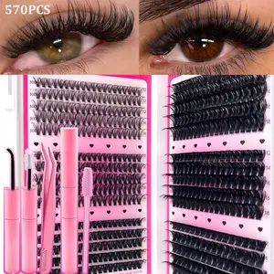 Mikiwi 570 PCS Large Capacity Individual Cluster False Eyelashes, Natural Wispy Lash Extensions, Fluffy d Curl, 10-18mm Length, Evil DIY Lashes, Natural, Thick, Curly, Ultra Soft, Super Light, Reusable, Segmented Individual Eyelash Beginner Kit
