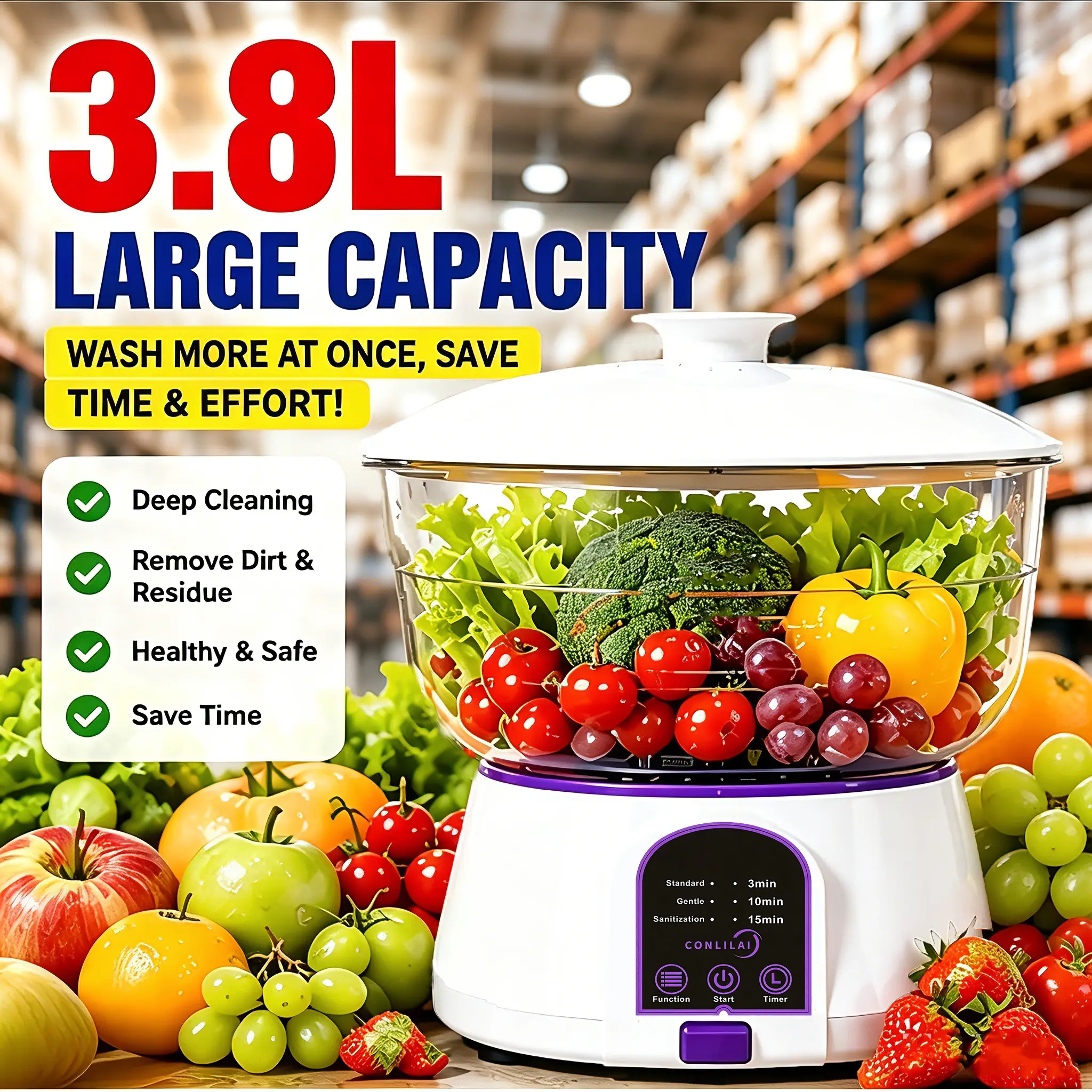 3.8L Large Capacity Electric Fruit & Vegetable Cleaner - Multifunctional Kitchen Food Purifier with Deep Cleaning, 3 Smart Modes, Residue & Bacteria Removal for Produce, Meat, Seafood