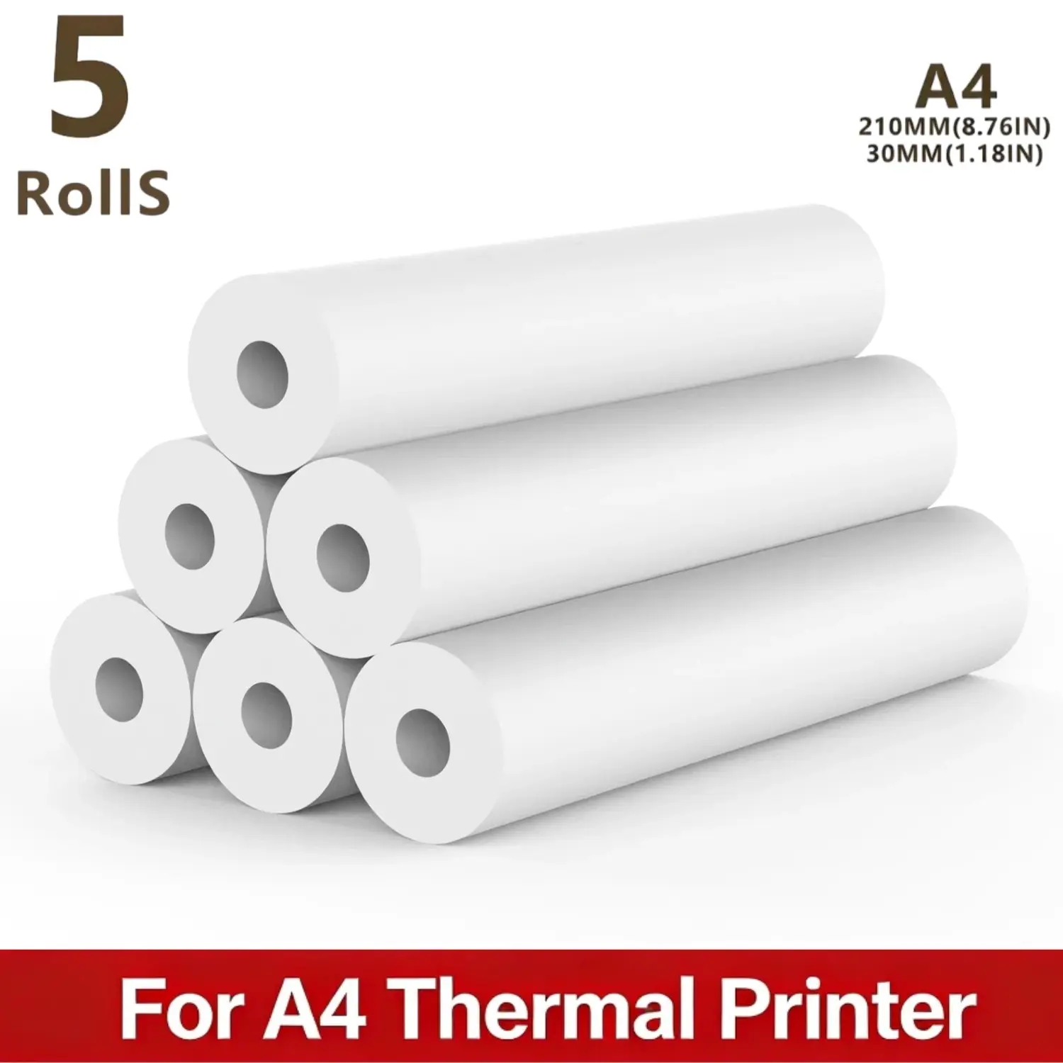 5 Rolls A4 Thermal Paper HD Thermal Printing Paper 210x30mm Size, Portable Printer Paper Rolls, Individual Package for Wireless Bluetooth Anti-Scratch Design Easy Storage Easy to Store