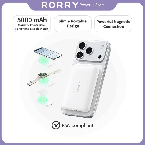 RORRY MagSafe Power Bank 5000mAh – 15W Wireless + 20W USB-C Fast Charging for iPhone 17/16/15 & Apple Watch, Ultra-Slim Travel Charger summerwins