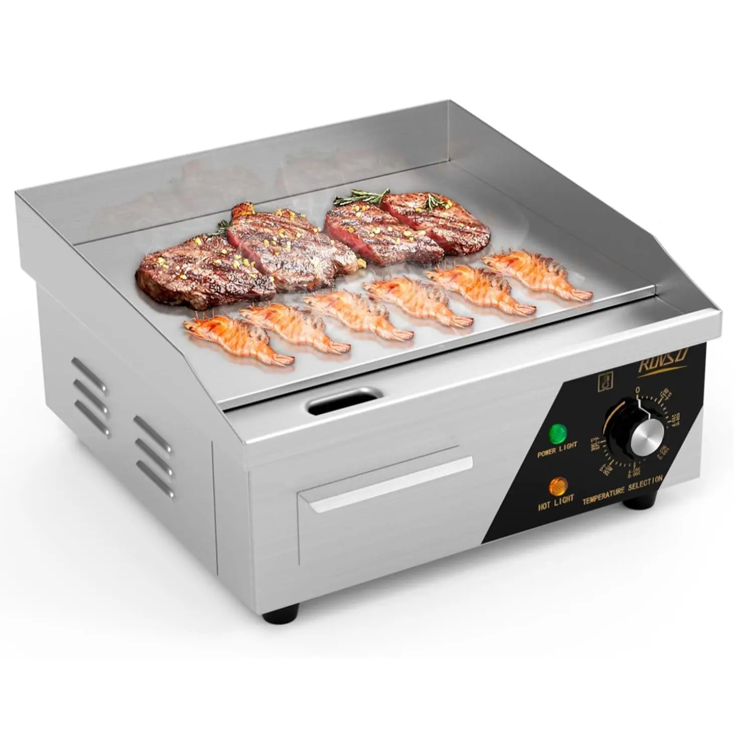 ROVSUN 14" Electric Countertop Flat Top Griddle, 1500W Electric Griddle, Teppanyaki Grill Stainless Steel with Adjustable Temperature Control 122°F-572°F for Home Restaurant Commercial