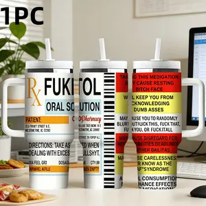 1pc 40oz Fun Prescription Cup - Fukitol Theme Stainless steel insulated cup with handle and straw - Large capacity portable office water cup - Gift for office workers